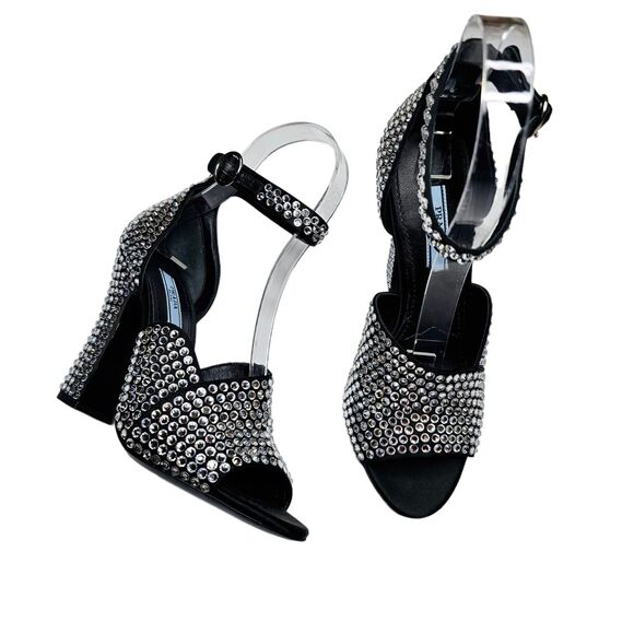 Prada Crystal Embellished Black Ankle Strap Heeled Sandals Size 36.5 US 6.5 - Picture 1 of 10